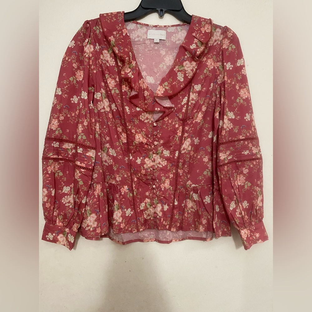 Pink Puff Sleeve Blouse with Ruffled Sailor Collar